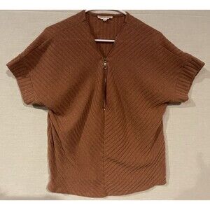 Parallel Skies Women Large Orange Rust Zip Up Ribbed Top Blouse 90s-Y2K Style